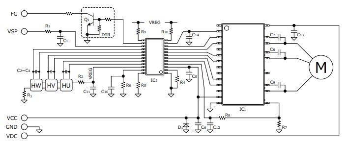 应用电路图 - ROHM Semiconductor BM624xFS 3相风扇电机驱动器